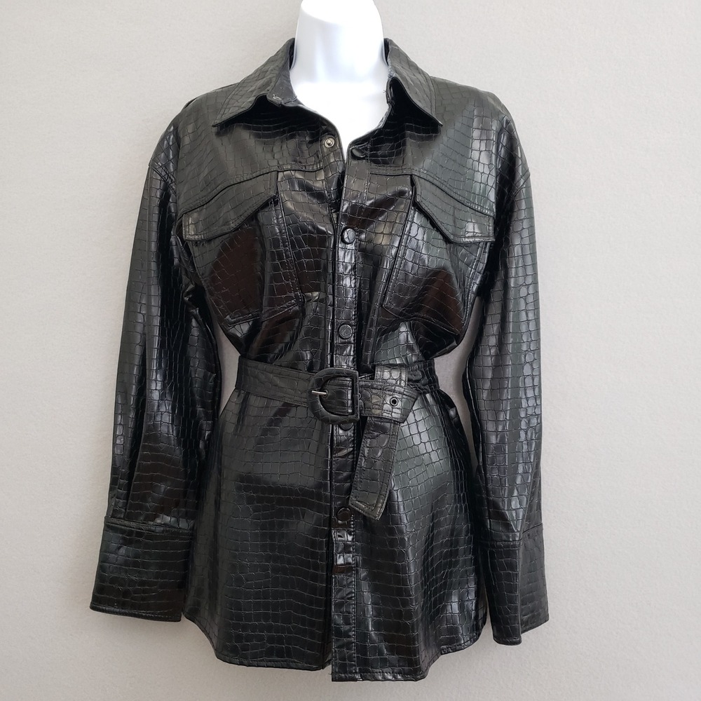 Zara Black Croc Embossed Vegan Leather Shacket Jacket Belt Cyberpunk Goth Matrix